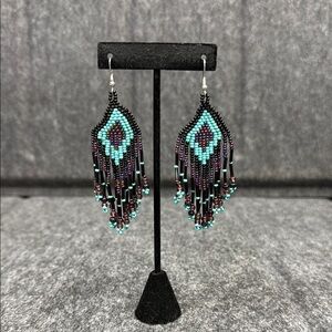 Black and Blue Chandelier Earrings with Intricate Beadwork